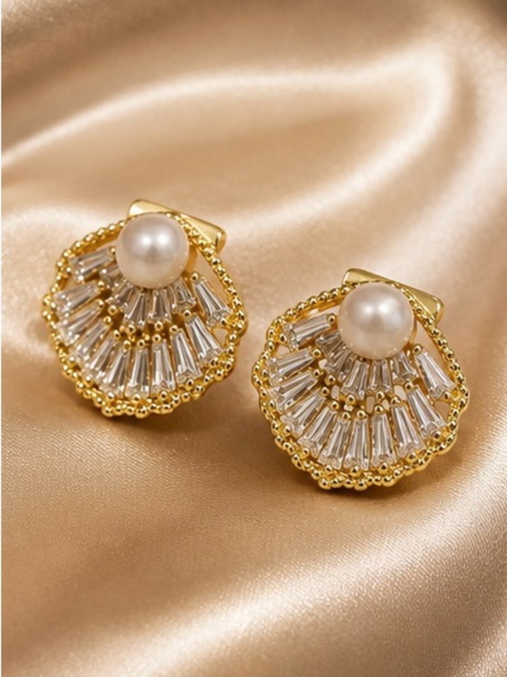 Pearl Crystal Fan Statement Stud Earrings Gold Tone Elegant Glam